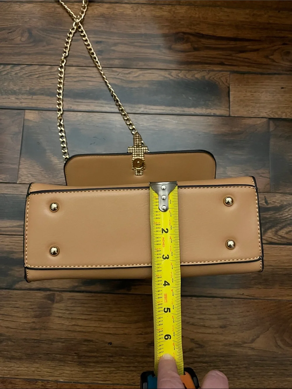 Neutral Tan Chain Crossbody Bag with Gold Hardware